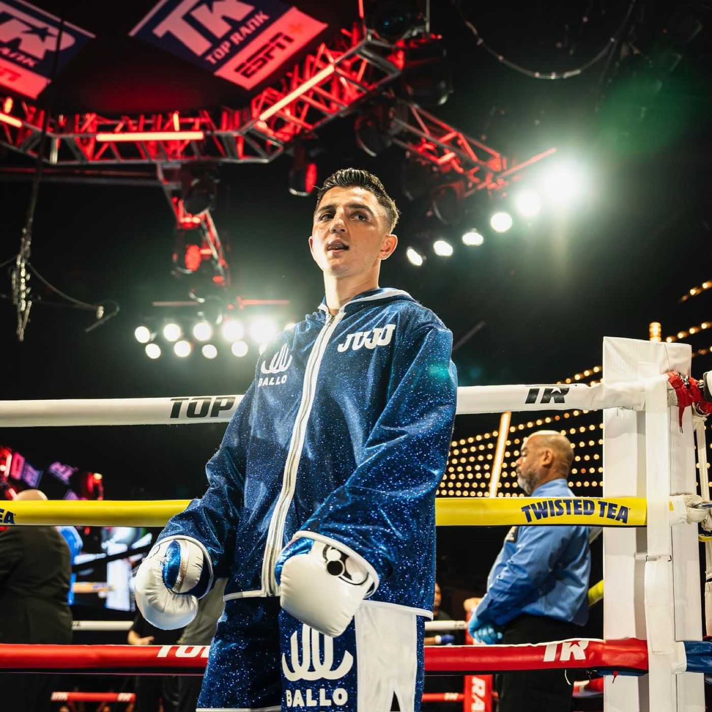 Julius Ballo’s ring entrance in the blue robe